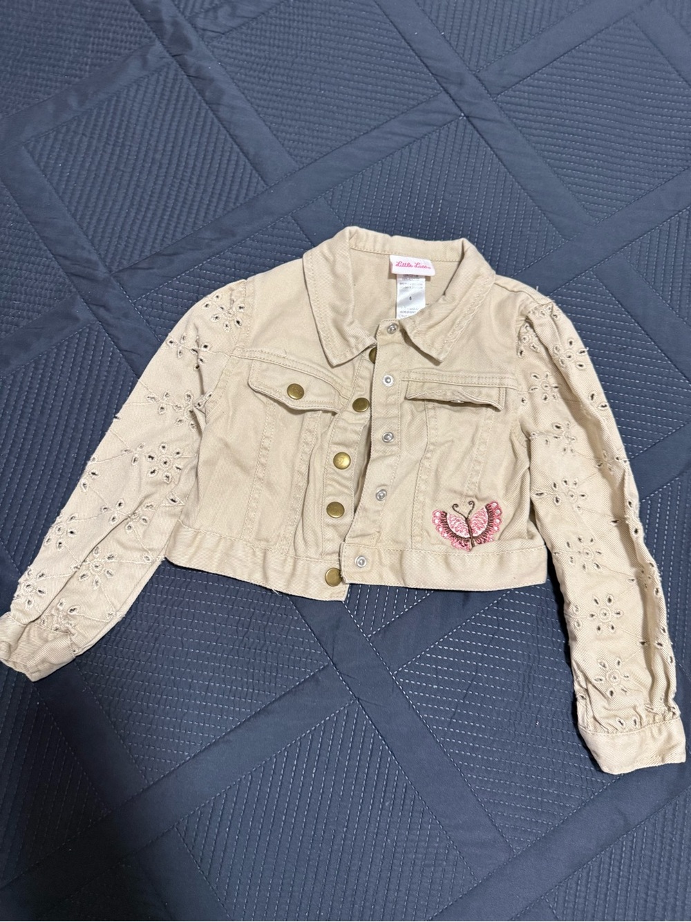 Little Lass Beige Eyelet Cropped Denim Jacket with Pink Butterfly Patch